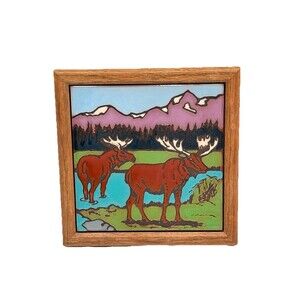 Vintage Framed Desert Dreams Moose Colorful Decorative Tile Art Artsy